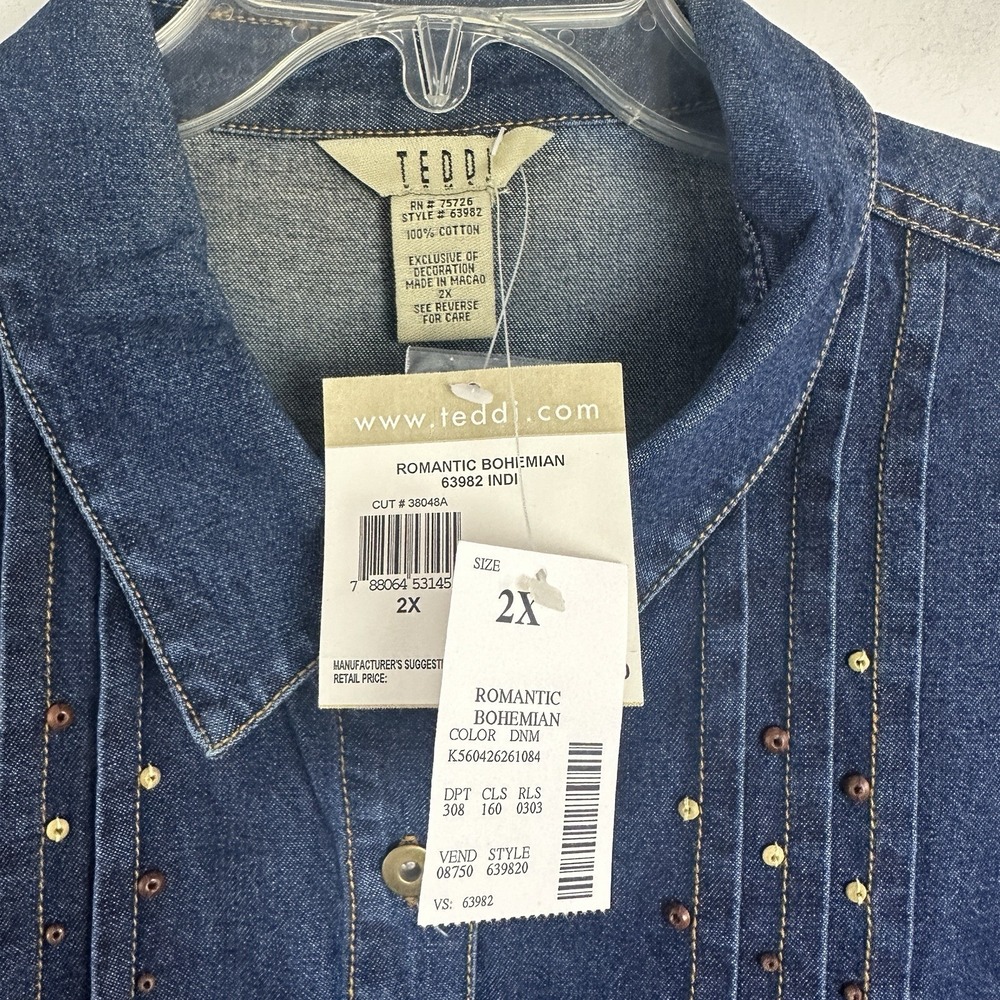 Vintage Teddi Womens Denim Button Up Shirt 2X Blue Beaded Pleated Western Boho - Picture 2 of 9